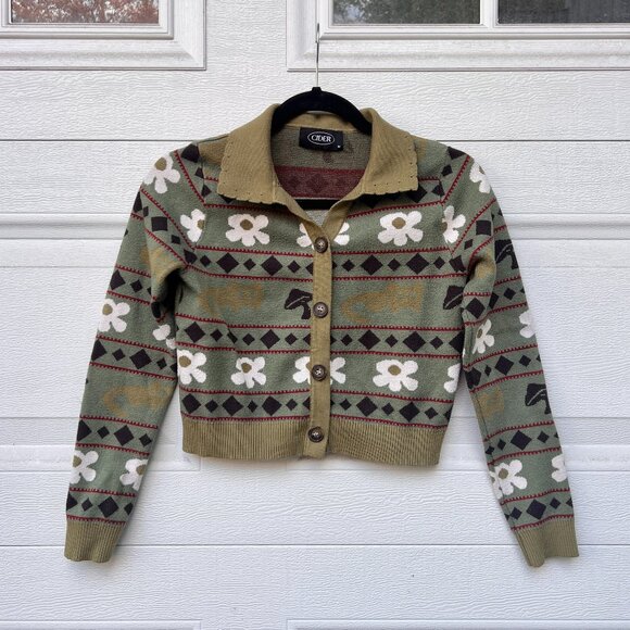 Cider Detail Collar Button Cardigan w Mushrooms Flowers Retro Print - Picture 1 of 5